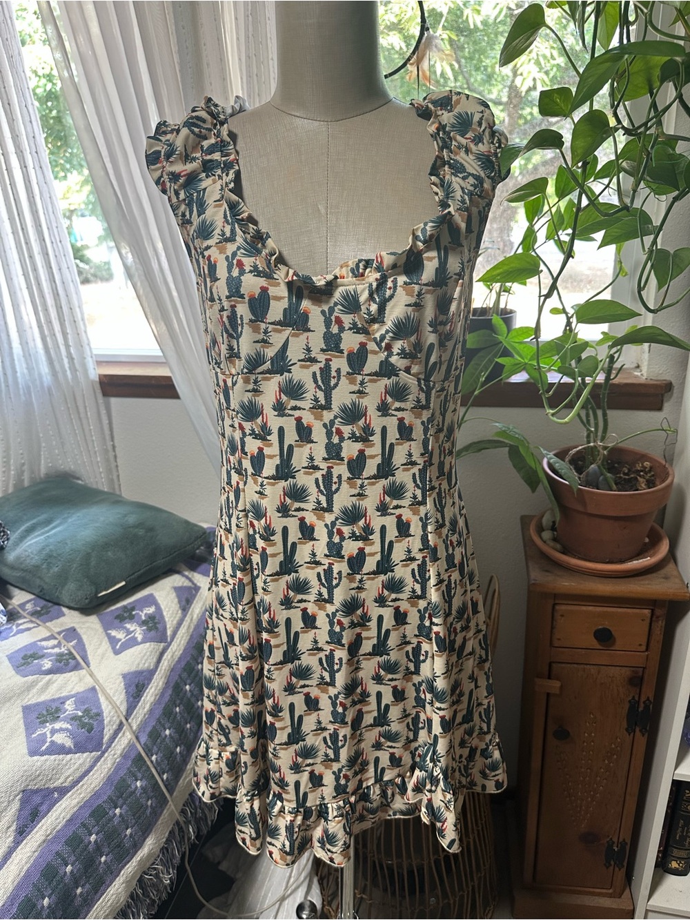 Cream Cactus-Print Ruffle Mini Dress
